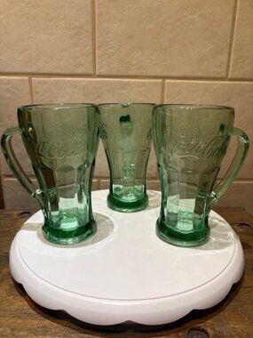 VTG Libbey Coke Coca-Cola Thick Heavy Green Glass Mug with Handle 14oz Set Of 3